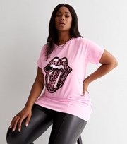 New Look Curves Pink Leopard Print The Rolling Stones Logo T-Shirt